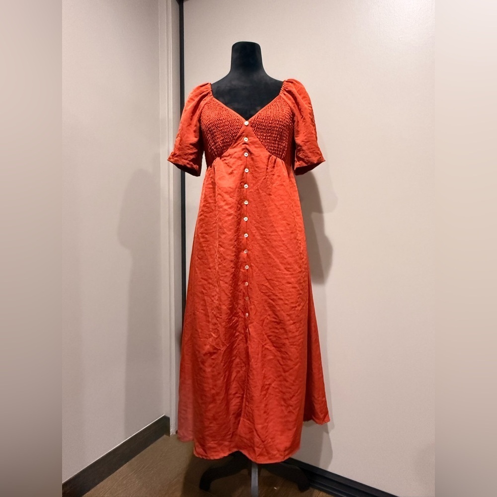 Bohme Terracotta Smocked Button-Front Maxi Dress